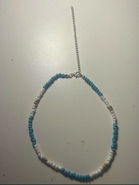 Amazon Blue, White and Gold Beaded Necklace